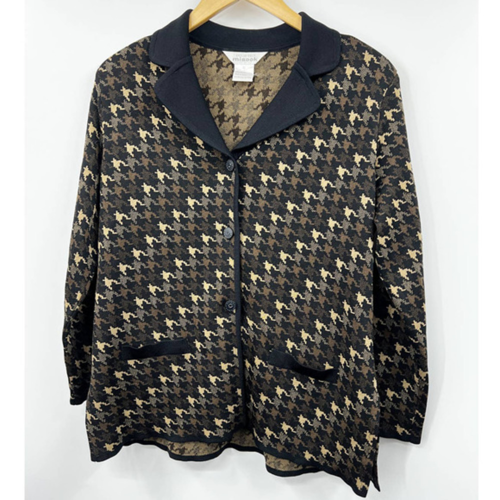 Misook Houndstooth‎ Knit Cardigan Jacket Blazer Career Wear Black Brown M